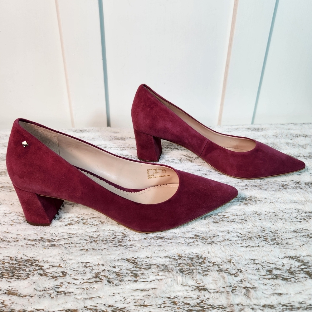 Kate Spade "Moulin" Fuschia Suede Pumps Block Heel Designer | Women's Size 7B - Picture 9 of 13